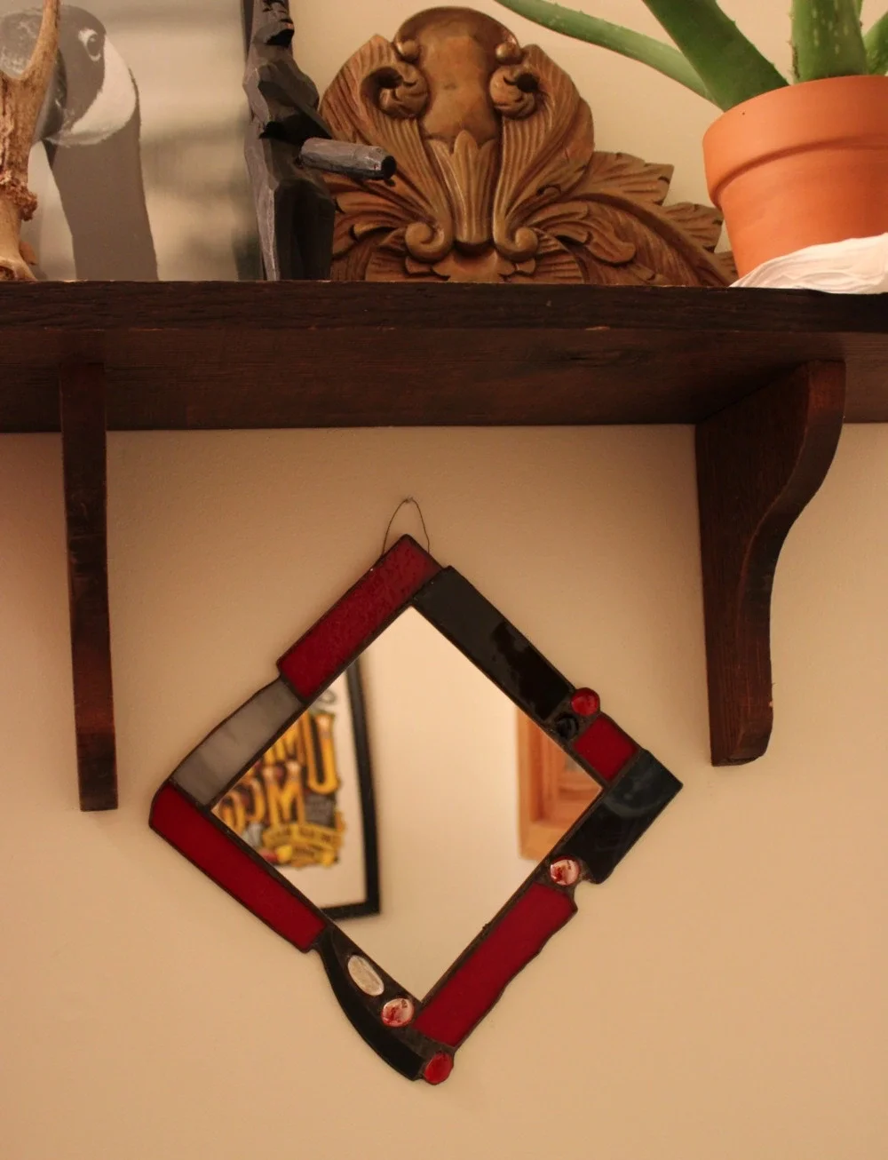 Mary Ann Molinaro Stained Glass Mirror Art Deco Geometric Burgundy Red Vintage